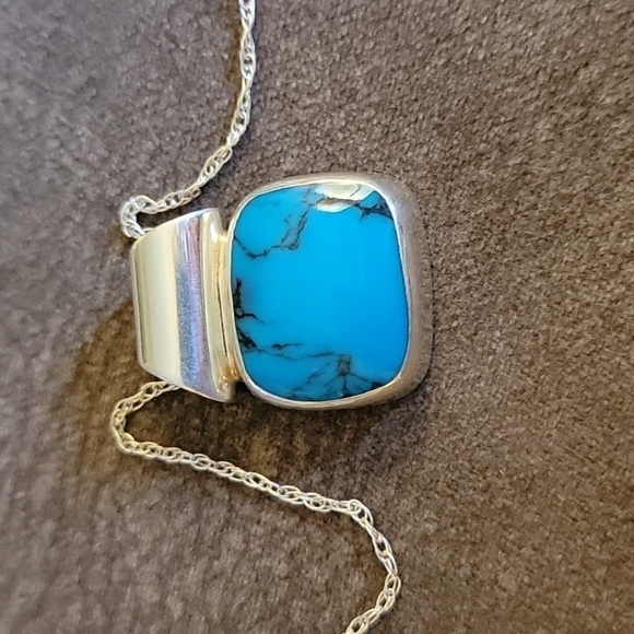 Sterling Silver Western Turquoise Gem Pendant Chain Necklace - Picture 3 of 4